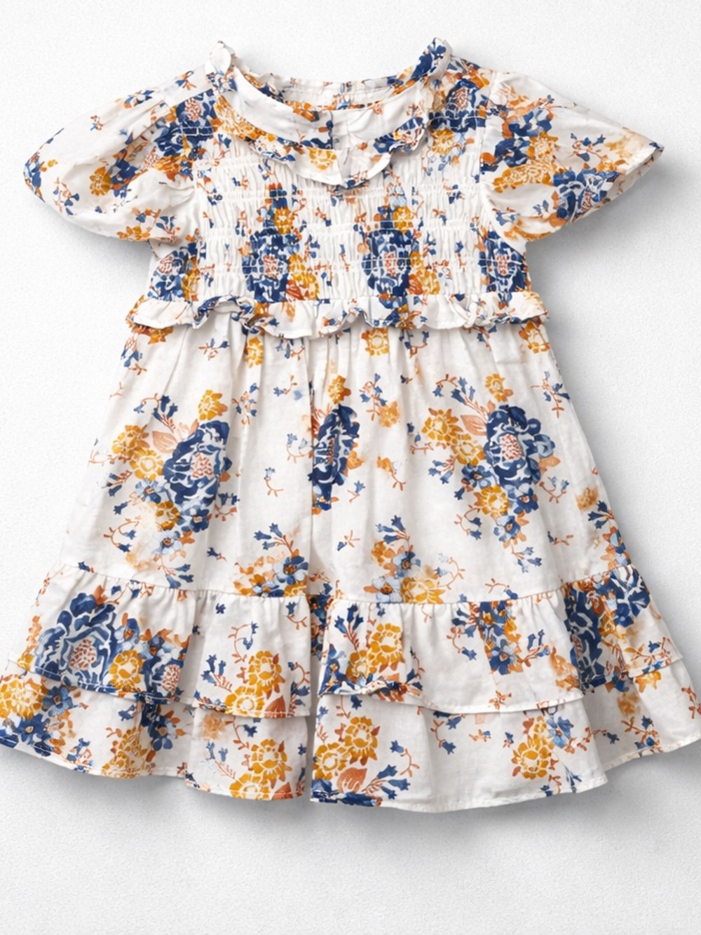 Janie and Jack white with blue floral print smocked bodice dress size 6-12 month